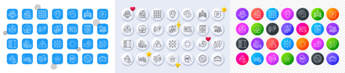 Report document, Air conditioning and Incubator line icons. Square, Gradient, Pin 3d buttons. AI, QA and map pin icons. Pack of Vip star, Launder money, Sun energy icon. Vector