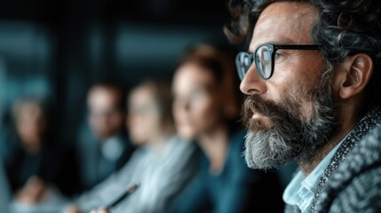 A gathering of professionals engaged in a formal meeting or discussion, captured in a modern office setting, emphasizing teamwork and collaborative decision-making.