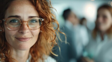 A smiling woman with red hair and glasses stands out in an office environment, radiating positivity and professionalism while her colleagues work in the background, highlighting modern workplace cult