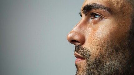 Fototapeta premium Close-Up Profile of Handsome Bearded Man with Intense Gaze Against Neutral Background