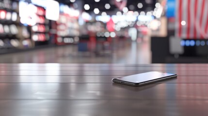 a clean table top displaying a smartphone and accessories, with a blurred tech store background and a USA flag theme 