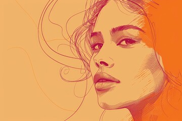 A detailed illustration of a woman's face in a red and orange color scheme, featuring her profile with flowing hair.
