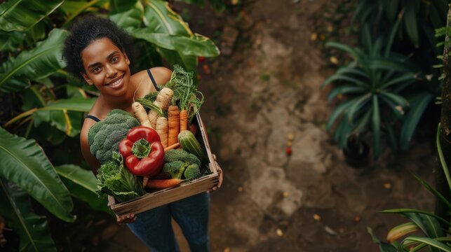 African-American Woman Enjoying Organic Harvest in Garden - Powered by Adobe
