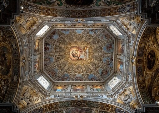 View of a stunning ceiling in an Italian church in Bergamo