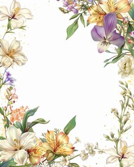A beautiful floral frame featuring various colorful flowers, perfect for invitations and decorative designs.