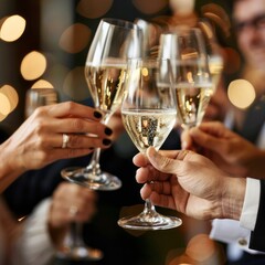 Champagne glasses with bokeh lights, businesspeople celebrating the agreement with champagne,champagne drinking beautiful crystal young