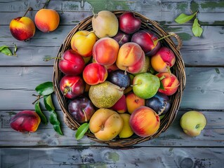 Fresh Harvest: A Mouthwatering Display of Plums, Peaches, Apples, and Pears on a Rustic Table