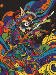 A colorful storybook cover for kids of an anthropomorphic excited ninja and dog