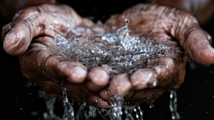 Fototapeta premium Aged hands cupping water with splashes in an outdoor setting, symbolizing the timeless need for clean water and illustrating the concept of nurturing and care.