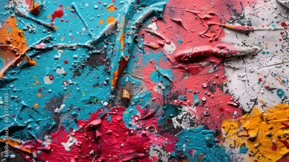 Poster the image captures colorful paint splatters on a textured canvas, offering a vivid depiction of abst