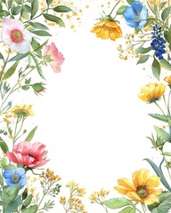 A vibrant border of colorful flowers in watercolor style, perfect for invitations, greeting cards, and decorative designs.
