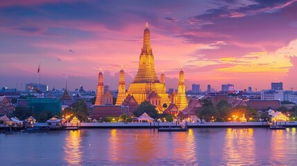 Obraz premium Bangkok Thailands Wat Arun Temple at sunset a prominent landmark