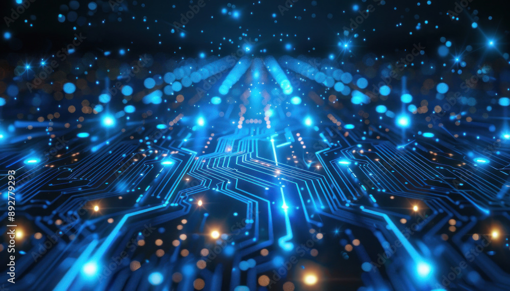 Poster a computer generated image of a circuit board with blue lights emanating from it