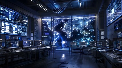 Realism of Cyber Threat Intelligence Center A High Tech Digital Dashboard Visualizing Global Cybersecurity Data and Insights