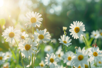 Fototapeta premium chamomile flowers field wide background in sunlight