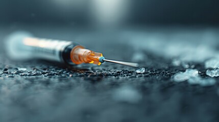 A close-focus image of a syringe needle lying on a rough surface, with ice shards scattered around it, evoking intense and thought-provoking emotions tied to this context.