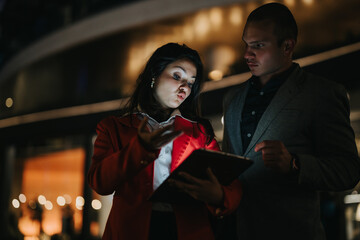 Young corporate business partners having a night meeting, discussing a project on a tablet in an urban setting, showcasing teamwork and technology use.