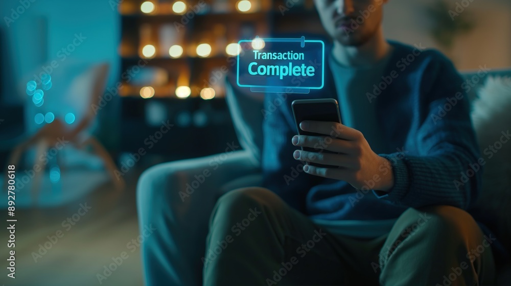 Poster man holding mobile phone with transaction complete hologram text and shopping cart icon, making onli