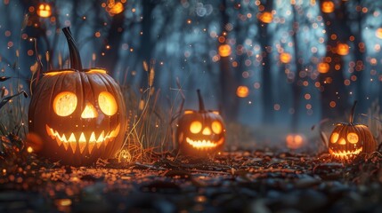 Obraz premium Jack-o'-lanterns glowing at twilight