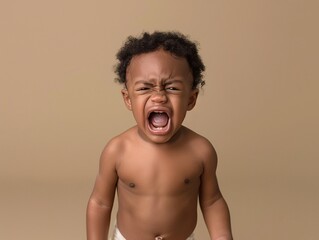 Fototapeta premium Portrait of a crying African American toddler boy on a beige background. 