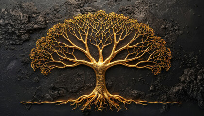 Golden tree with roots on black background, symbolizing nature and environmental art