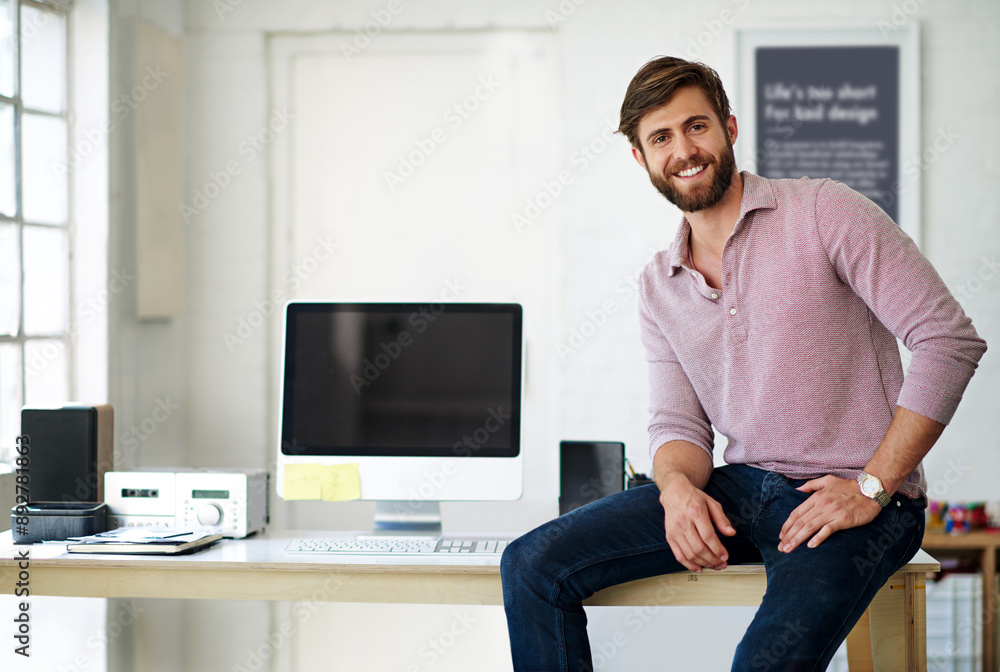 Aufkleber Computer, desk and portrait of web design man in office for administration of creative programming. Business, development and tech with website developer in professional workplace for IT support