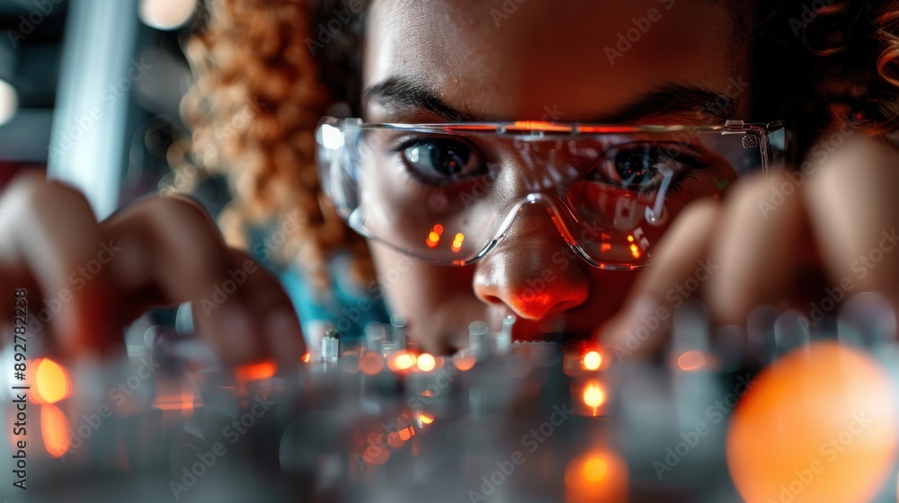 Poster a close-up of a person adjusting audio equipment, focusing on the hands and controls in a creative a