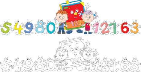 Little first graders and a cartoon character primary mathematics textbook with funny colorful toy numbers friendly smiling and waving in greeting, a set of vector illustrations