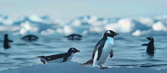 A juvenile Adelie penguin slips on the ice and swims in the sea, showcasing the playful and adventurous nature of wildlife in Antarctica.