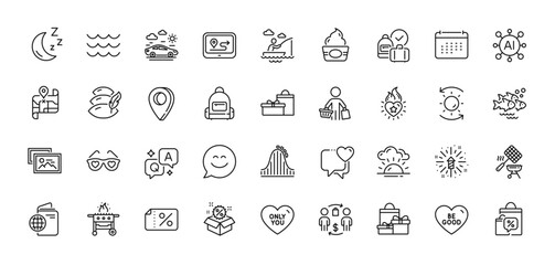 Car travel, Smile chat and Gps line icons pack. AI, Question and Answer, Map pin icons. Waves, Heart, Fish school web icon. Love glasses, Gas grill, Sale bags pictogram. Vector