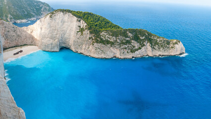 Drone view of Zante ship wreck beach and azure waters.
