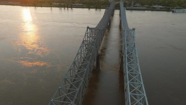 Drone Video of Sunset Over Bridge in Natchez Mississippi on the Mississippi River
