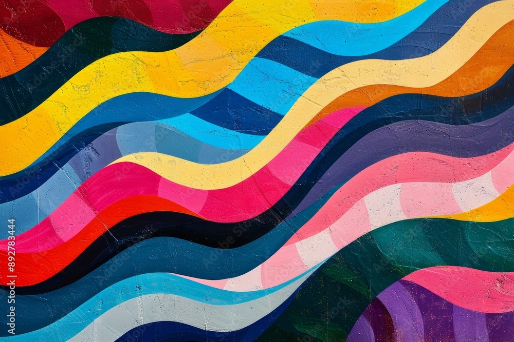 Poster colorful mural with dynamic wavy lines pattern on a textured surface