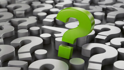 Green Question Mark Standing Out Among Gray Question Marks Symbolizing Uncertainty and Problem Solving in Abstract Conceptual Background
