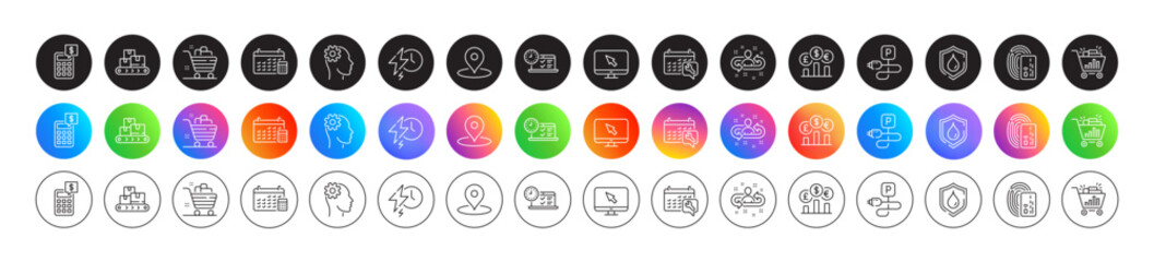 Internet, Waterproof and Calculator line icons. Round icon gradient buttons. Pack of Online test, Charging parking, Spanner icon. Charging time, Recruitment, Calendar pictogram. Vector