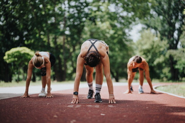 Group of athletes preparing to start running on an outdoor track in a park. Fitness, exercise, and teamwork.