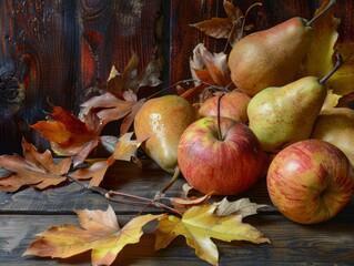 Harvest Symphony: A Still Life of Apples, Pears, and Autumn Leaves on Wood