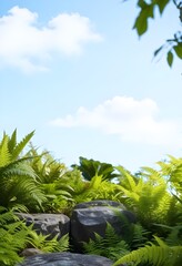 green woodland with rocks and ferns