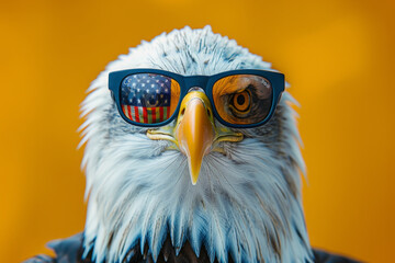 Portrait of a bald eagle wearing a American stars and stripes patriotic sunglasses. 4th July holiday