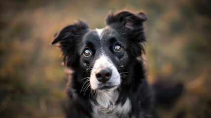 Border collie dog sitting and tilting its head, looking at the camera with a cute, inquisitive face