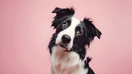 Fototapeta premium Border collie dog sitting and tilting its head, looking at the camera with a cute, inquisitive face