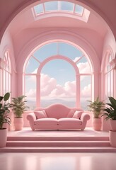  Room with pink decor, big window, and matching pink furniture