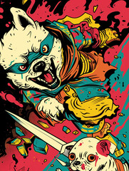 A colorful storybook cover for kids of an anthropomorphic excited ninja and dog