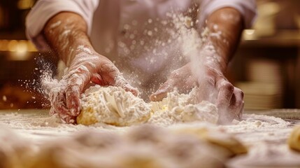 Fototapeta premium Baker's Hands Shaping Delicate Pastry with Precision in Professional Kitchen