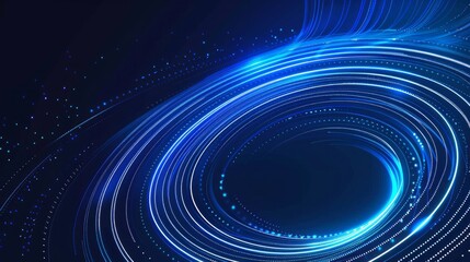Geometric stripe line art design featuring abstract glowing circle lines on a dark blue background Modern shiny blue lines representing futuristic technology Suitable for posters covers