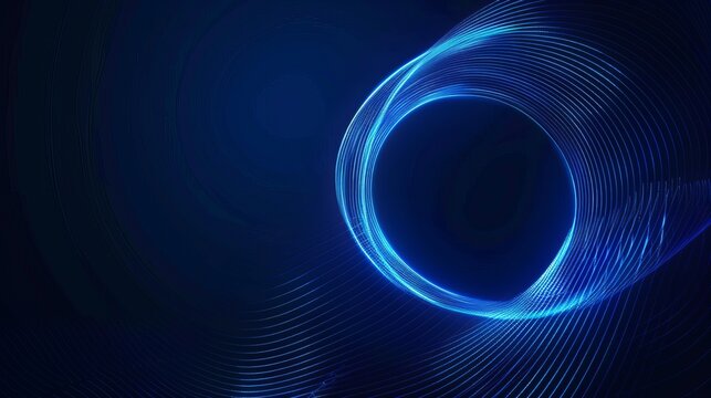 Geometric stripe line art design featuring abstract glowing circle lines on a dark blue background Modern shiny blue lines representing futuristic technology Suitable for posters covers