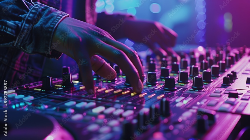 Poster dj adjusting knobs and sliders on mixing console for dynamic and precise sound control