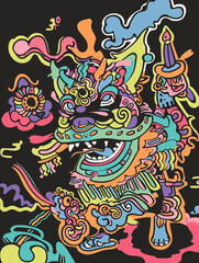 Obraz premium A colorful storybook cover for kids of an anthropomorphic excited ninja and dog