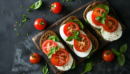 Useful dietary sandwiches with mozzarella, tomatoes and rye bread. Top view