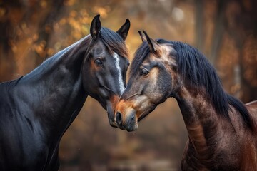 Fototapeta premium Beautiful brown horse couple, aesthetic click , beautiful landscape